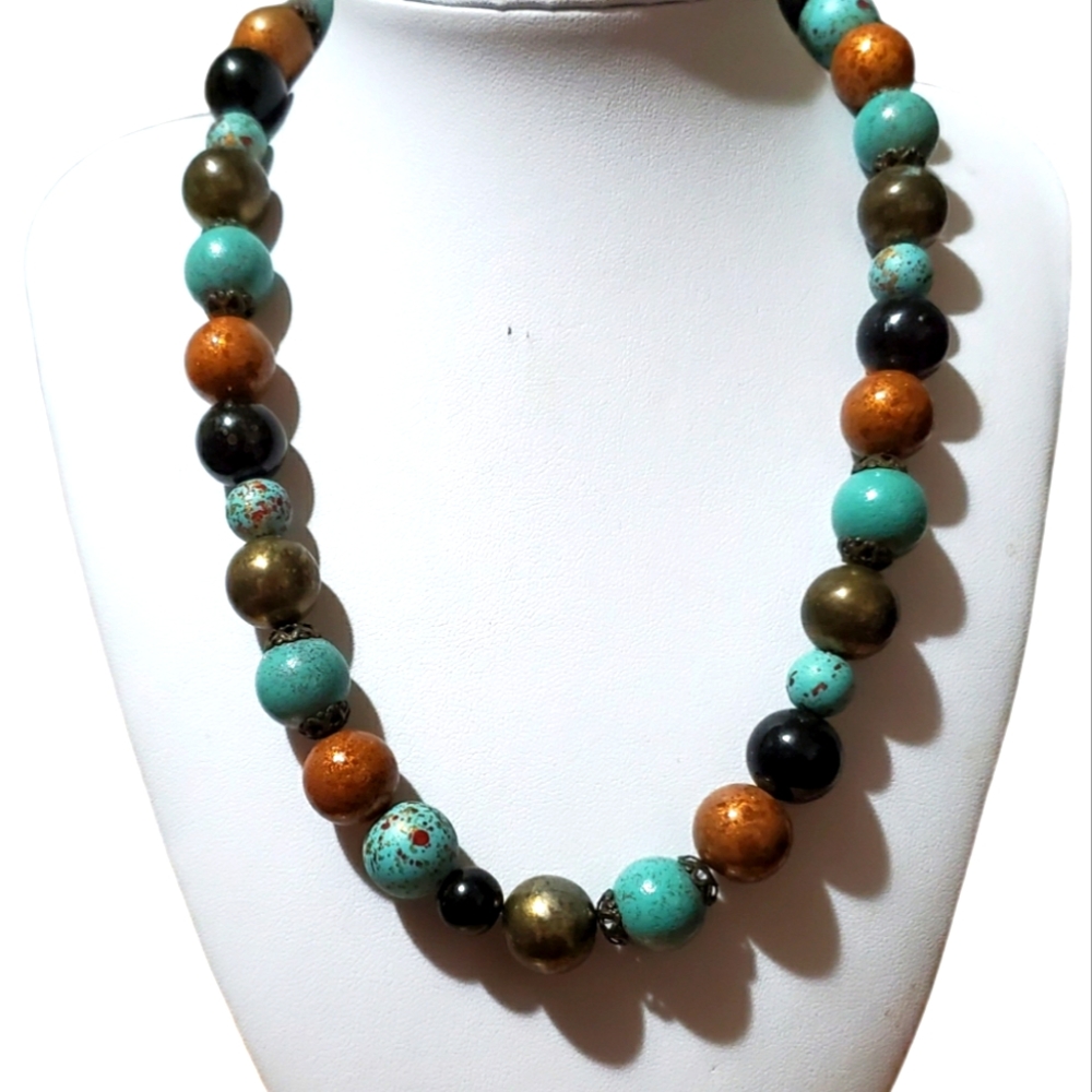 19" Big Chunky Wooden Beaded Necklace Southwestern Blue Copper Black